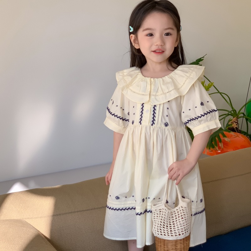 ベージュ  花柄刺繍  ワンピース ドレス 韓国子供服  夏新作  薄い  ワンピース   コットン  子供服