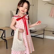 ピンクのチェック柄のドレス かわいい 蝶結び ワンピース 韓国子供服  かわいいドレス 子供夏服
