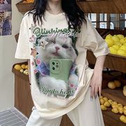 【2024夏新作】韓国風レディース服　夏　半袖Tシャツ トップス 猫プリント 可愛い おしゃれ　綺麗め
