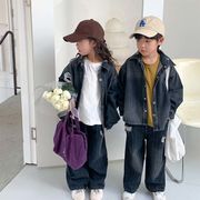【2024新スタイル】デニムジャケット+パンツセット ストライプ柄 韓国風 子供服 子供用 男女兼用