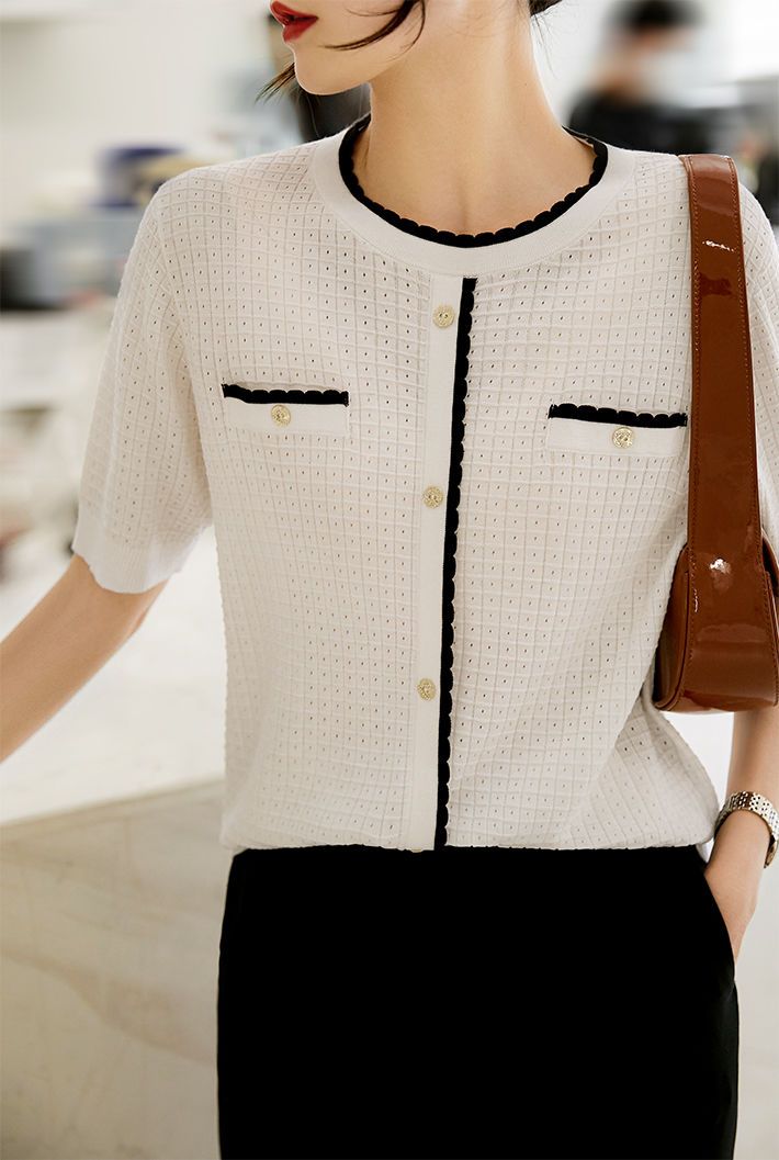 ニットセーターレディース半袖2024新白ウエスタンスタイルシャツ韓国風ルーズフレンチシックトップ