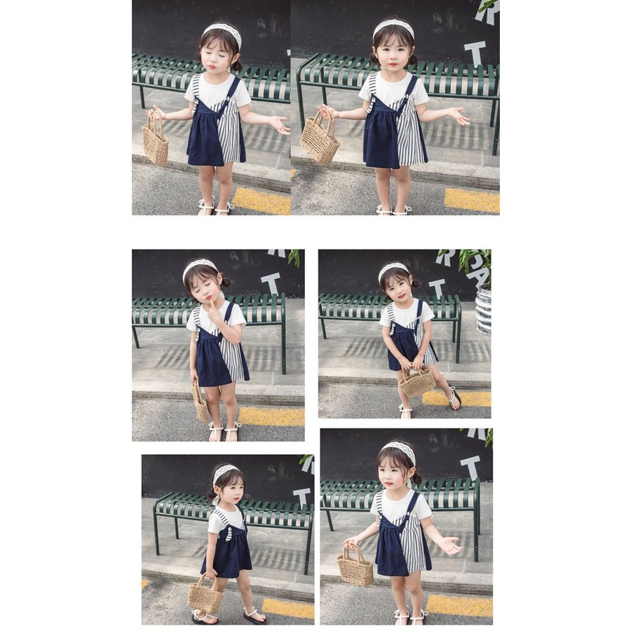 韓国子供服 女の子 Tシャツ風 半袖 ワンピース 学生 お洒落 ドレス スプライス 女の子 子どもドレス