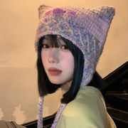 韓国 Y2k かわいいピンクの猫の帽子 ニット帽、小顔を保護するイヤーハット【韓国女子団NEW!!!】