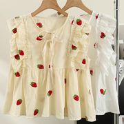 2色 いちご刺繍 半袖  韓国ファッション    Tシャツ レディース  夏服  ゆるい   綿麻半袖    いちご雑貨