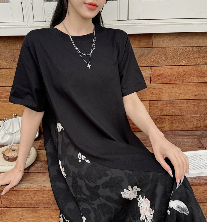 レディース服 2024年夏新作 ロングワンピース 切り替え 花柄 半袖 T