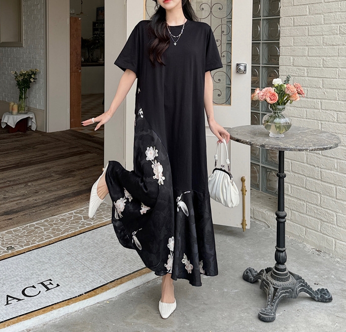 レディース服 2024年夏新作 ロングワンピース 切り替え 花柄 半袖 T