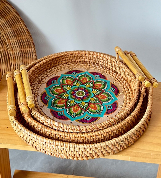 京都ヴィンテージ 竹の手編み ラウンドバスケット