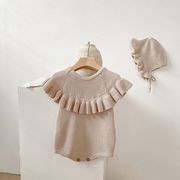 [66-100cm]  女の子 ニットロンパース 毛糸 ノースリーブ オールインワン カバーオール キッズ 子供服