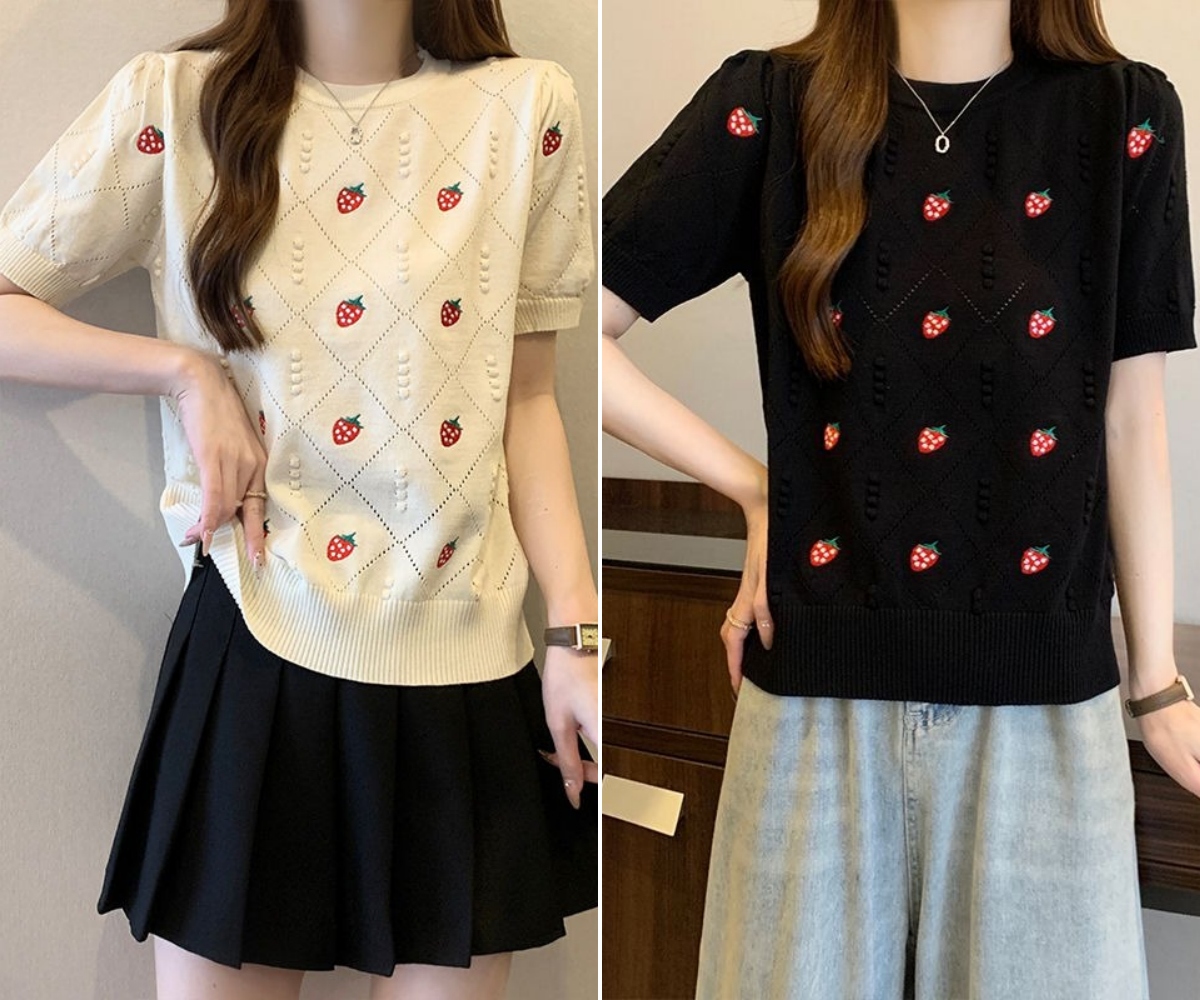 ANNA MOLINARI いちご刺繍 半袖トップス 2色 いちご刺繍 ニット半袖 レディース 夏服 ダイヤモンドのデザイン