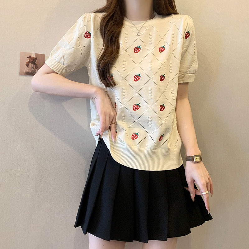 2色 いちご刺繍 ニット半袖 レディース 夏服 ダイヤモンドのデザイン