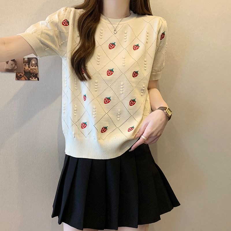 2色 いちご刺繍 ニット半袖 レディース 夏服 ダイヤモンドのデザイン