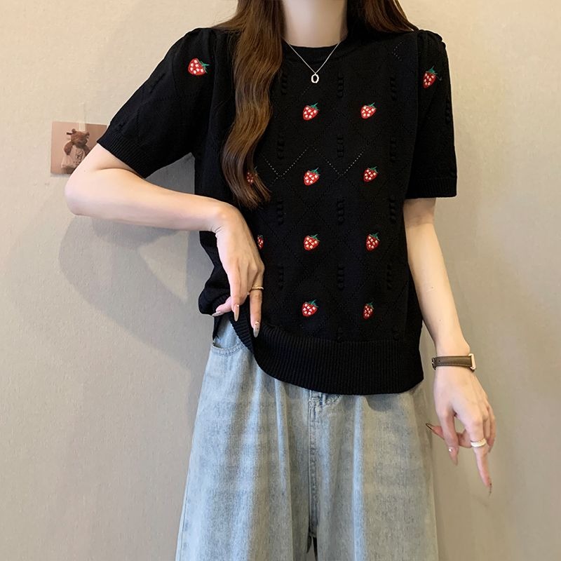 2色 いちご刺繍 ニット半袖 レディース 夏服 ダイヤモンドのデザイン
