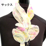 【スカーフ】【ストール】高級感のあるシルクシフォン花柄花モチーフ付ワンタッチスカーフ