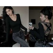 長袖トップス 切り替え スリム 着痩せ レース シンプル