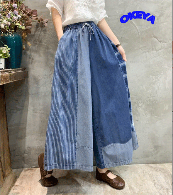 2024年秋冬新作　レディース服　ボトムス　スカートパンツ　デニム　ワイドパンツ　切り替え　2色展開