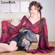 1349花柄シフォン レース ミニスカート ロング 豪華 花魁 着物 ドレス コスプレ イベント ハロウィン