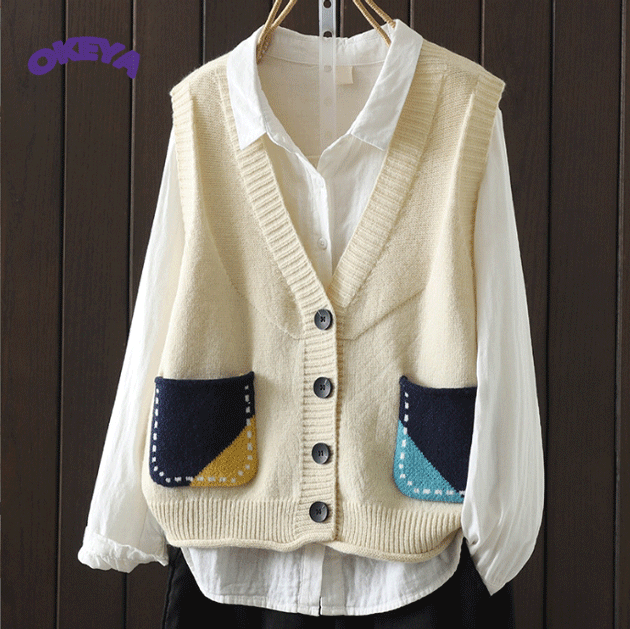 2024年秋冬新作　レディース服　トップス　ベスト　前開き　ｖネック　ニット生地　お出かけ　2色展開