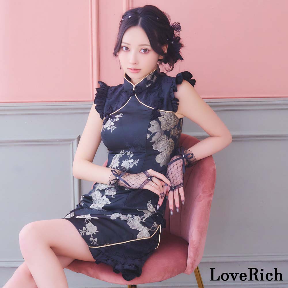 1374フレア 扇子柄 花柄 チャイナドレス チャイナ服 ミニ