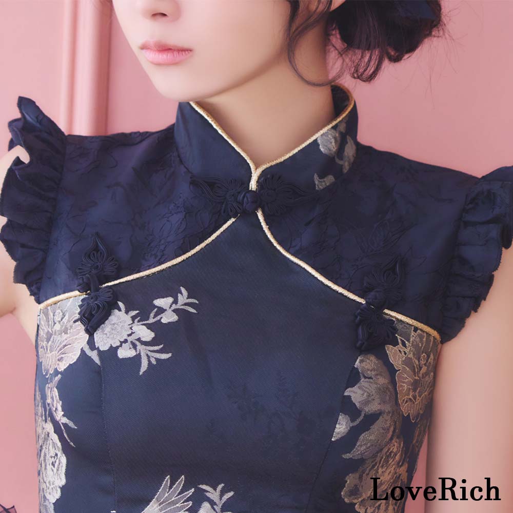 美品sugar&JEWELS チャイナドレス 青、金 Ｌsize扇子付き SALE!!】【即日発送】マーメイドスカートチャイナドレスコスプレ