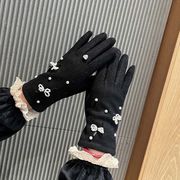 手袋　かわいい　レディース　秋冬　韓国ファッション　デザイン　リボン　パール