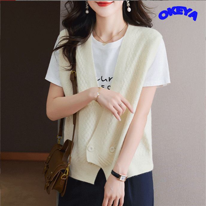 レディース服　トップス　ベスト　お出かけ　アウター　ニット生地　不対称　2024年秋冬新作　7色展開