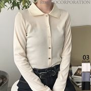 【2025新作商品♪】カットリブゴールドボタン襟付きトップス