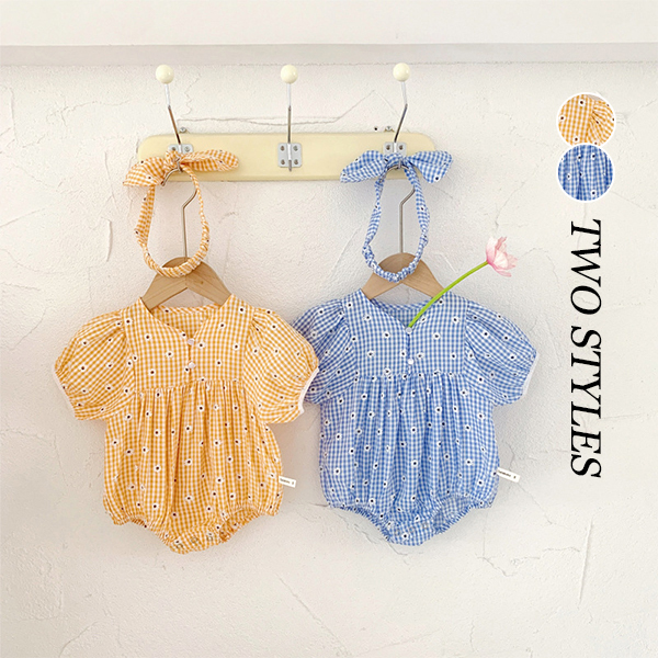 【在庫処理セール】【24H即納可】韓国風子供服 ベビー服 チェック柄ロンパース 女の子　可愛い