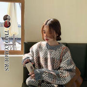 【Women】年新作 韓国風レディース服 おしゃれ トップス ニット セーター 丸首 チェック柄 2色