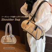 初回送料無料 新作 レディース 横長 ショルダーバッグ リボン ハンドバッグ ストローバッグ かご風バッグ