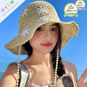 2025夏新作 チェーン付き 花柄 麦わら帽子 小顔効果 草編み 紫外線対策 折りたたみ可能