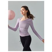 数秒で在庫切れ フィットネスの上着 フィットネスウェア 欧美風 斜襟 ヨガの上着 長袖 Tシャツ