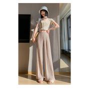 TSHEKハイウエスト プリーツワイドパンツ ゆったり プチサイズ シフォン クロップド パンツスカート