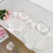 KAIW☆2025夏新作 ネイビー風 ボタンダウンロンパース ボウ刺繍 三角ボディス