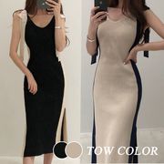 【Women】2022年春夏新作　韓国風レディース服　ノースリーブワンピース　スリット入り　着やせ　セクシー