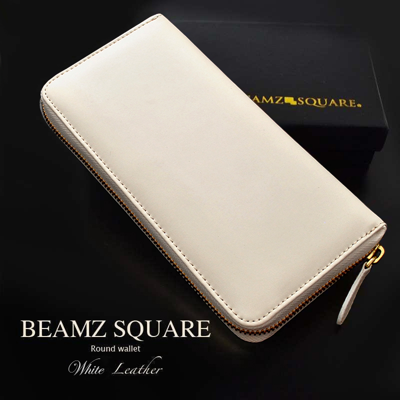 BEAMZSQUARE　マットホワイト×ゴールド 牛革ラウンドファスナー長財布　BS-15805WH　開運金運財布