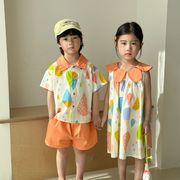 兄妹おそろい 夏服セットアップ 男の子Tシャツ 女の子ワンピ 2025新作 リゾート風