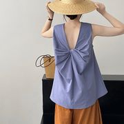 背中ツイスト リネンコットン ノースリーブブラウス ゆったり ミドル丈トップス