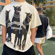 ドーベルマンプリント半袖Tシャツ ヴィンテージストリート風 ルーズクラッシュ加工Tシャツ