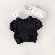 2025夏新作　子供服　女の子　レース透かし　ラッフルカラー　半袖　ブラウス　トップス　可愛い　シャツ
