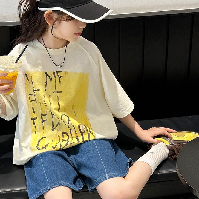 純綿 女の子用半袖Tシャツ 夏用 ホワイト キッズガールTシャツ