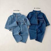 全2色[80-130cm] キッズ韓国風デニムセットアップ ヴィンテージ風長袖ジャケット＋ジーンズ上下2点セット