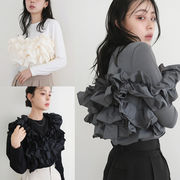 オシャレフリル切替長袖Tシャツレディース秋新作