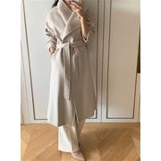 レトロ風リブカラー リラックスフィット リボン締め ロングコート