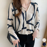 【日本倉庫即納】 幾何学模様ブラウスレディースVネック長袖