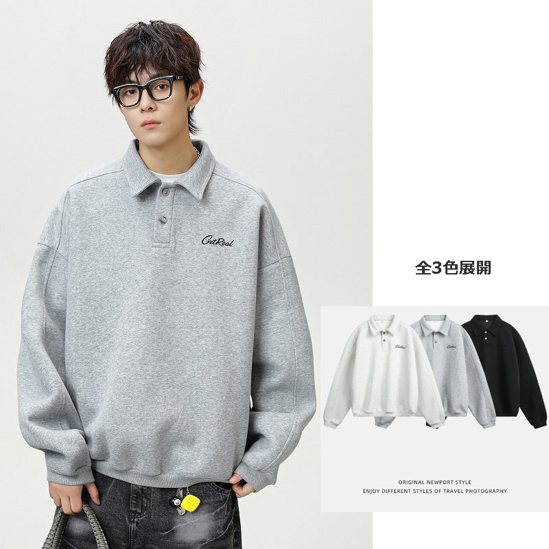 メンズ 秋新作 ヴィンテージ風 スキッパー風ボタン付き襟 長袖プルオーバーPOLOスウェット★全3色