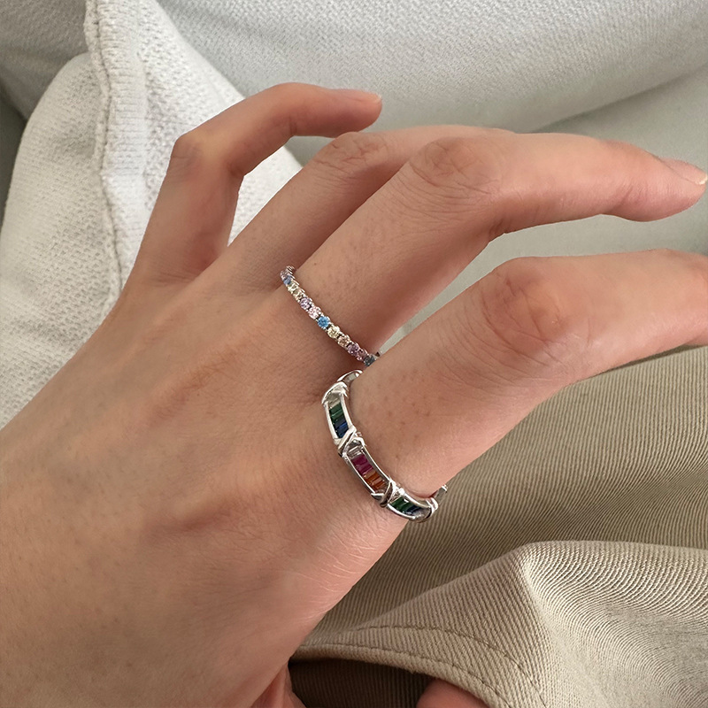 カラフルシルバー指輪 グラデーション 虹色 S925 シルバーアクセサリー アレルギー対応 おしゃれ 上品