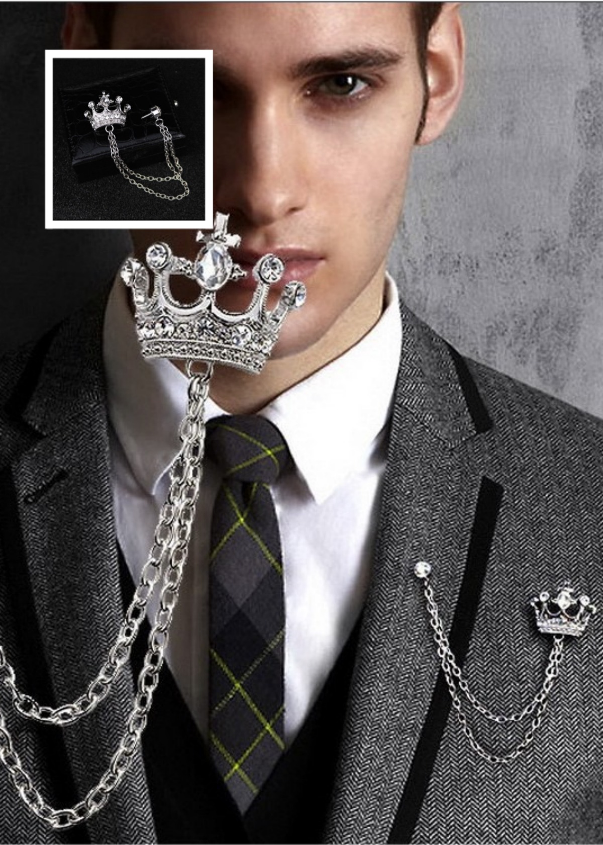 メンズブローチ スーツ用チェーンピン クラウンバッジ 襟元アクセサリー