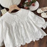 [80-130cm] 春秋女の子シャツ 韓国風おしゃれキッズ 透かしレース＆ジャカード花柄・トレンド白シャツ