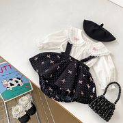 2025春新作 リボン柄折り襟レース付け長袖シャツORスカート付きロンパース