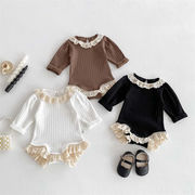 2025秋新作　ベビー服　女の子　レースドッキング　リブ　長袖　ロンパース　可愛い　子供服　おしゃれ